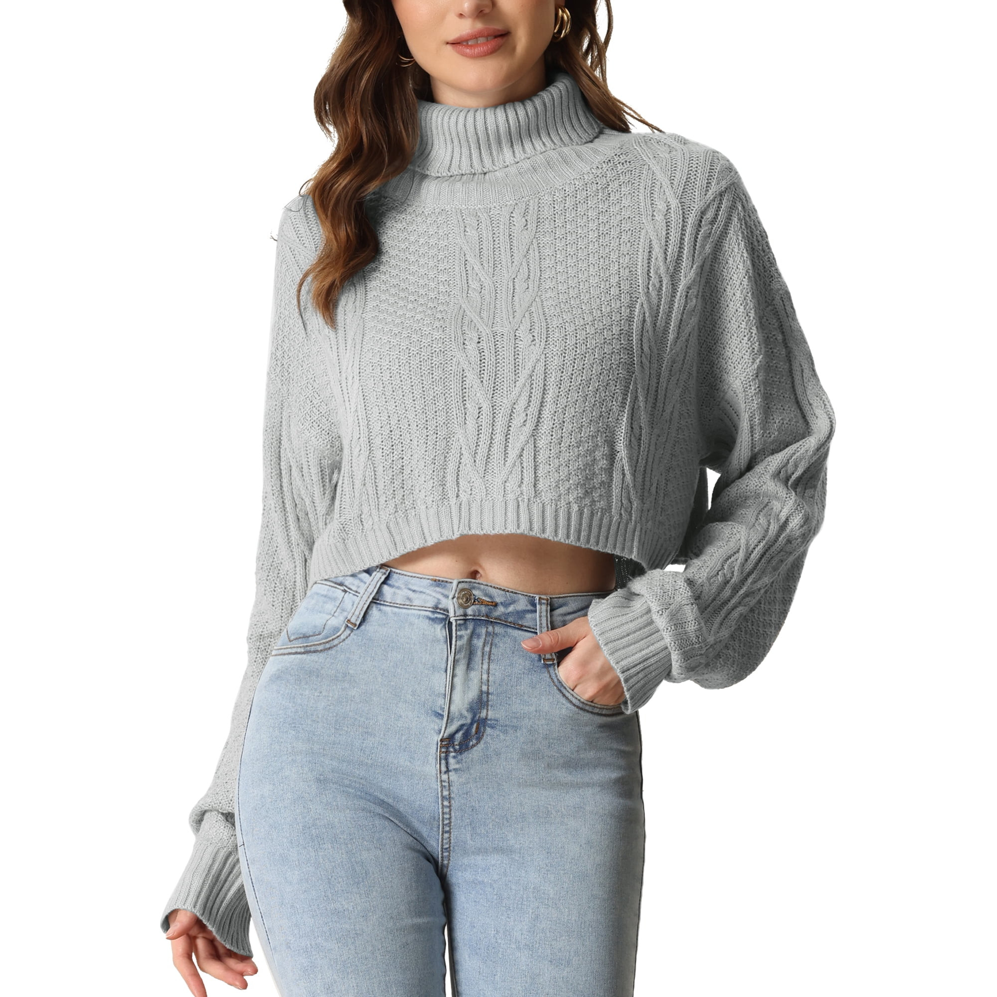 Allegra K Turtle Neck Knitted Pullover Sweater for Women's Long Sleeve Cropped Tops | Walmart (US)