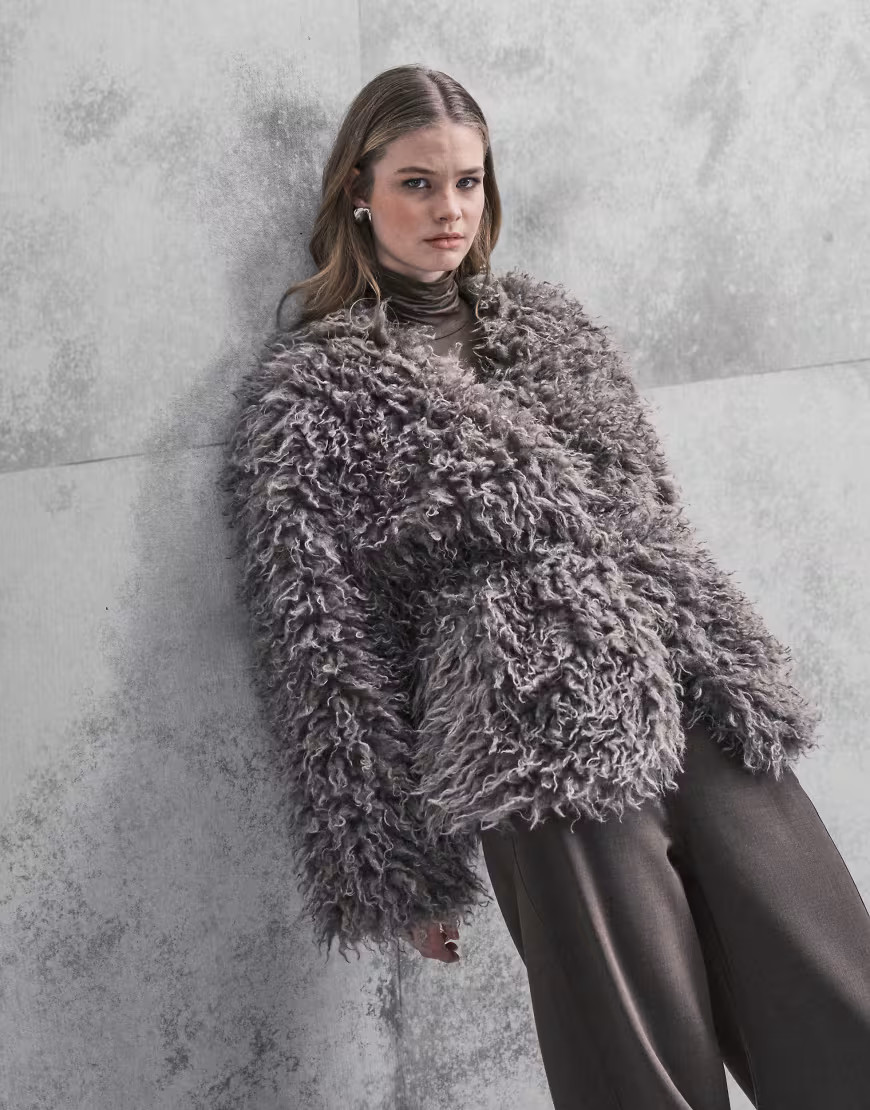 ONLY belt detail shaggy jacket in grey | ASOS (Global)