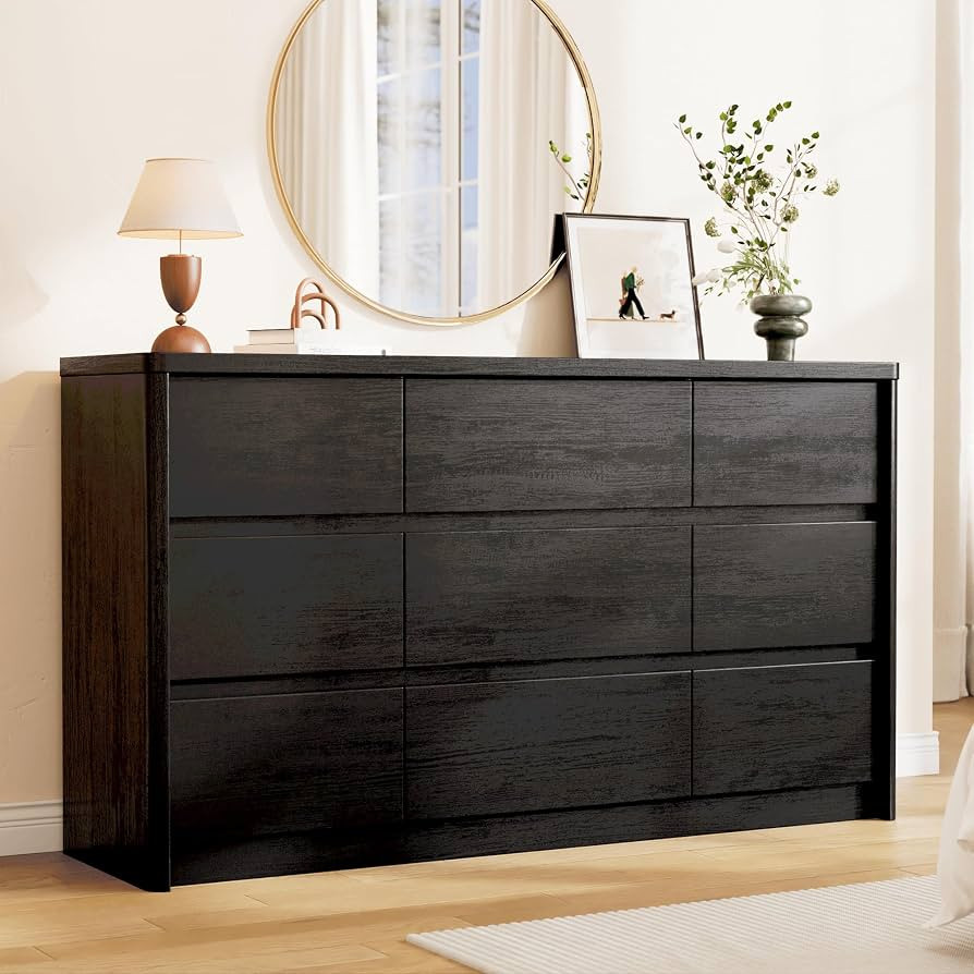 Black Dresser for Bedroom, 55" Wide Mid Century Modern Chest of Drawers with 9 Large Storage Spac... | Amazon (US)