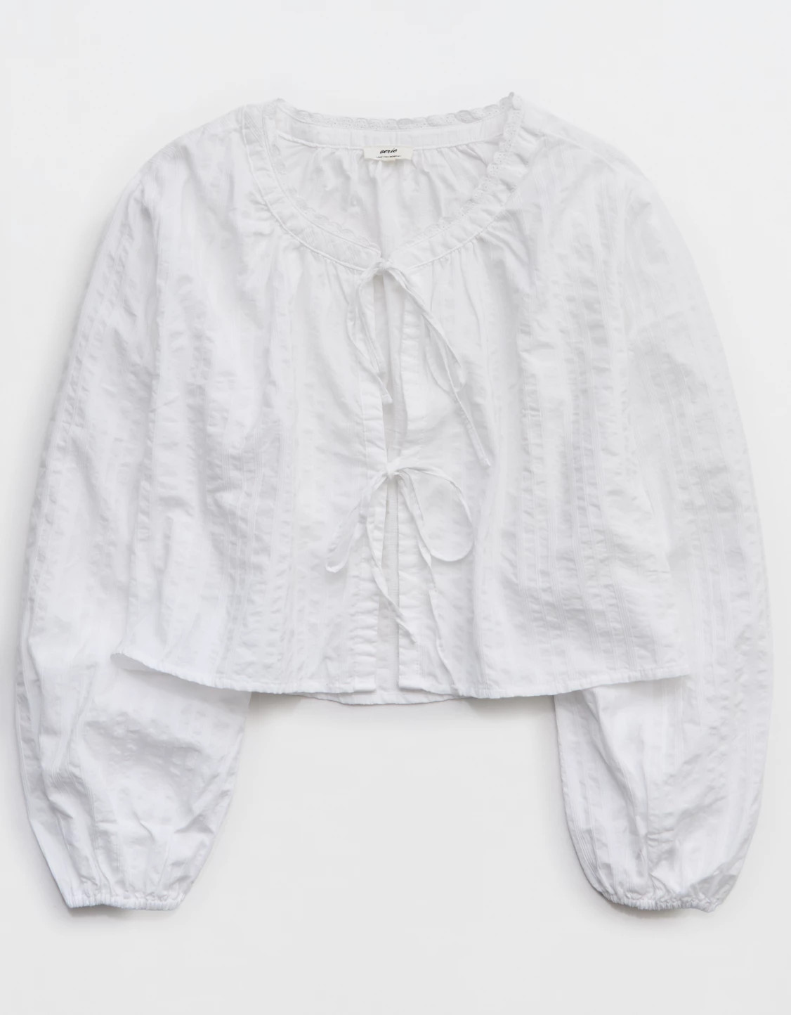 OVERSLEPT by Aerie Seersucker Long Sleeve Volume Tie Top | Aerie