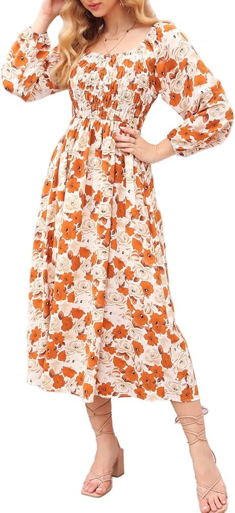 ARMSCI Women's Boho Floral Dresses Long Sleeve Off Shoulder Square Neck Ruffle Smocked Flowy Maxi... | Amazon (US)