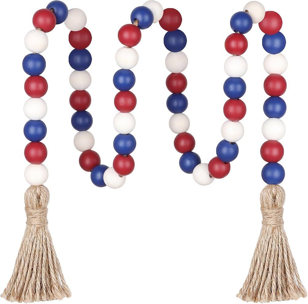 4th of July Wood Beads Garland, Independence Day Tiered Tray Decorations Farmhouse Bead Garland w... | Amazon (US)