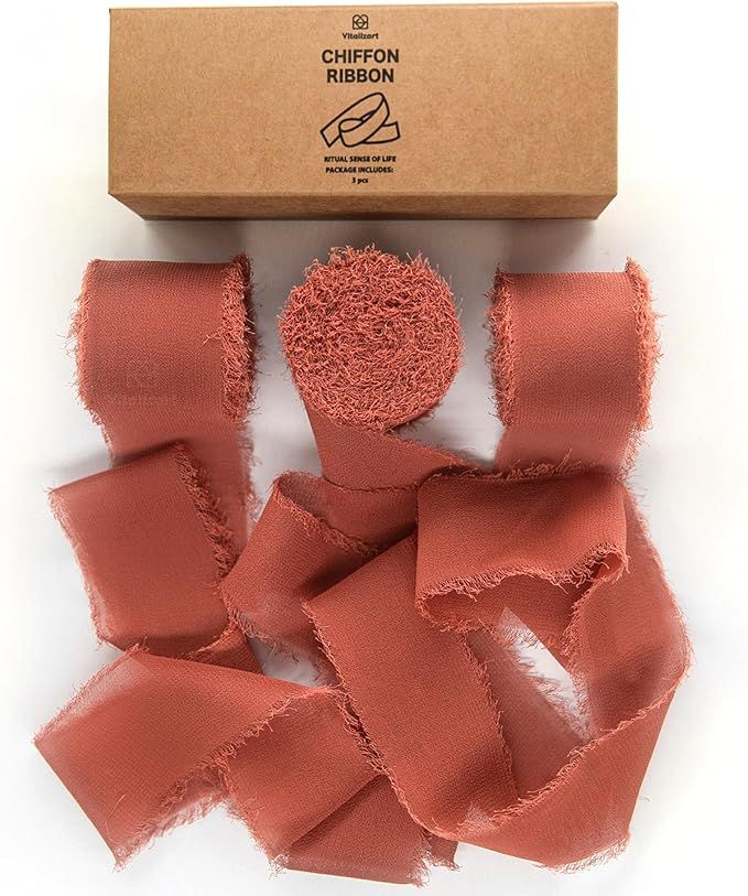 Vitalizart 3 Rolls Handmade Fringe Chiffon Silk Ribbon 1.5" x 7Yd Rust Red Ribbons Set for Weddin... | Amazon (US)