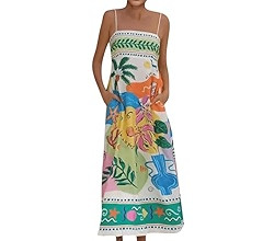 Women Cute Print Maxi Cami Dress Loose Sleeveless Spaghetti Strap Boho Dress Flowy Graffiti Long ... | Amazon (US)