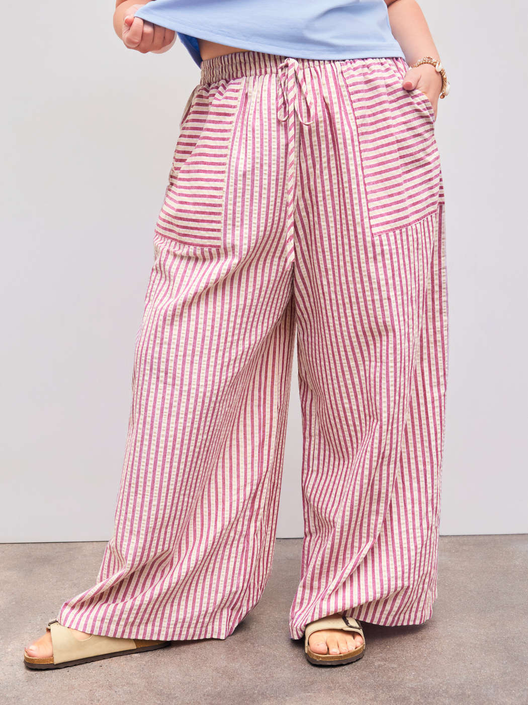 Woven Woven Mid Rise Elastic Waist Striped Pocket Wide Leg Trousers Curve & Plus For Daily Casual... | Cider