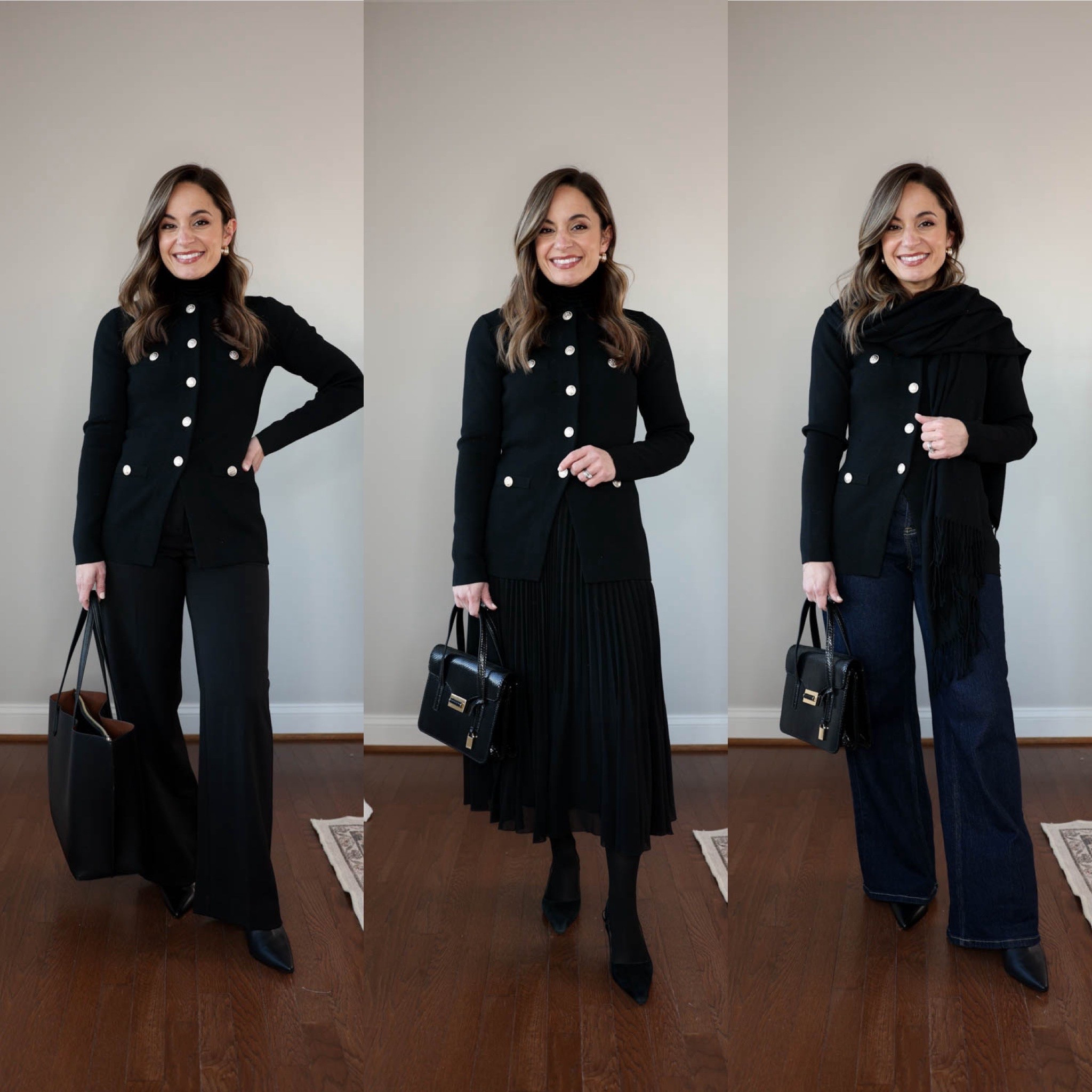 One top, three bottoms! Three petite-friendly winter outfits for work with one top and three bottoms. 

Top (Ann Taylor): petite xxs 
Jeans (Spanx): petite xs - 30” inseam in petite. They run large and long but shrink in the wash. I can wear them with a heel 
Boots (J.Crew): tts 
Skirt (Aritzia): xs 
Tights (Sheertex): xxs 
Heels (Sam Edelman): tts 
Black pants (Ann Taylor): petite 00 - the curvy fits me best 
Black Turtleneck (Aritzia): xxs 
Bag (J.Crew): sold out 

I linked a few alternate options for pieces that are sold out or low in stock as well as different price points. 

My measurements for reference: I’m 4’10” and 105lbs. My bust, waist, and hip measurement is 32”, 24”, and 36”.

#LTKWorkwear #LTKPetite