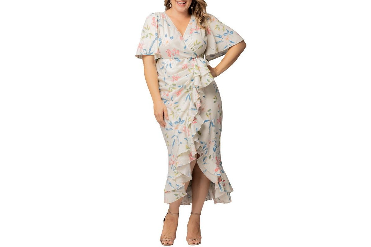 Kiyonna Plus Size Alexandra Ruffle Faux Wrap Gown - Lush lily print | Macy's