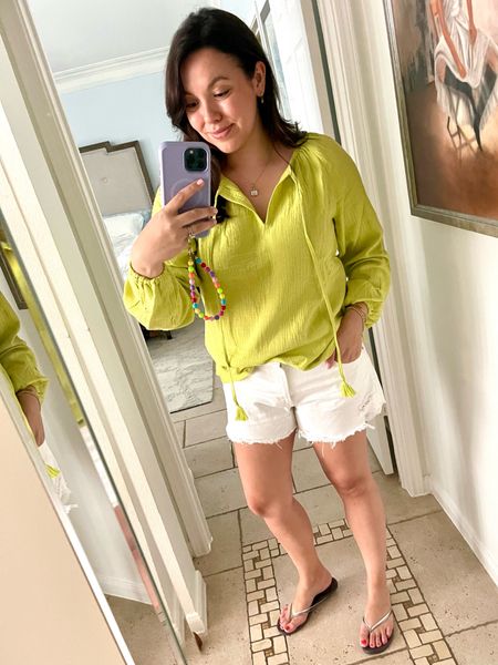Gauzy top in pretty chartreuse, runs big, size down - wearing a US 4 - receive 10% off with code J3T6 
White cutoff denim shorts 
Weekend outfit, summer outfit, mom uniform for summer 


#LTKSeasonal #LTKfindsunder100