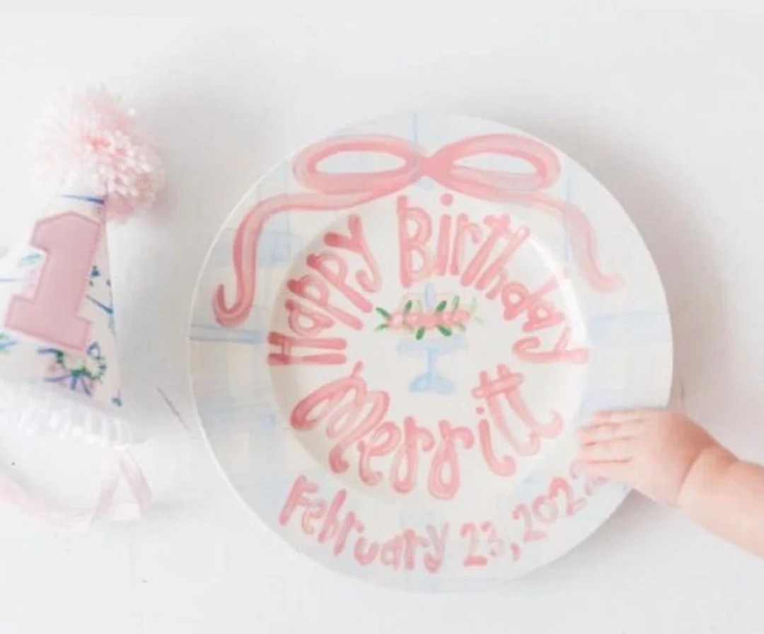 Girls preppy birthday plate / Blue gingham and ribbon bow / first birthday // pink and white // s... | Etsy (US)