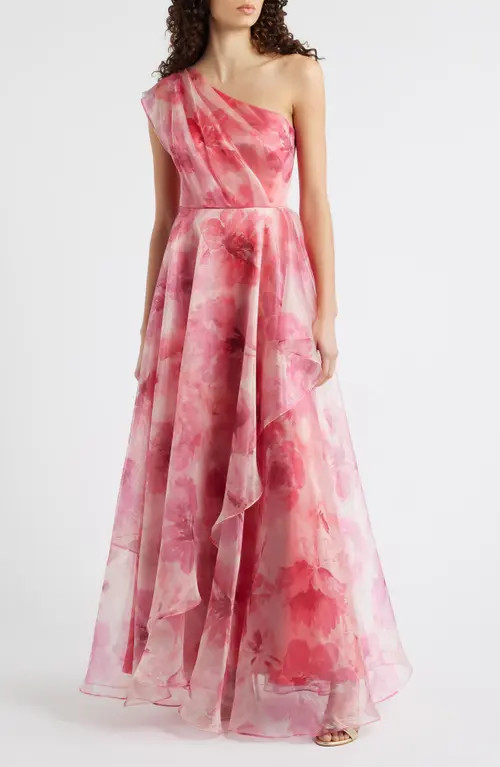 Eliza J One-Shoulder Floral Chiffon Gown in Poppy at Nordstrom, Size 0 | Nordstrom
