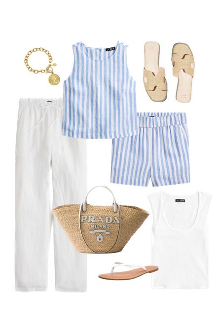 Mix and match summer outfits, blue and white striped set, linen pants, scoop neck tee, Prada tote, straw bag, beach outfit, vacation outfits target Jcrew finds preppy style 

#LTKFindsUnder50 #LTKStyleTip #LTKSaleAlert