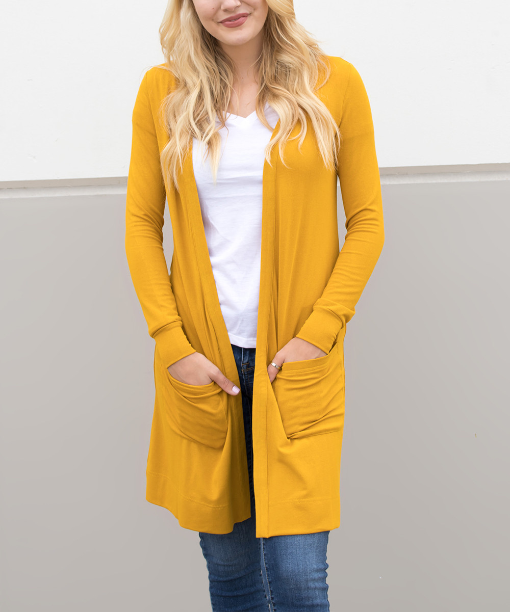 Mustard Pocket Open Cardigan - Women | Zulily
