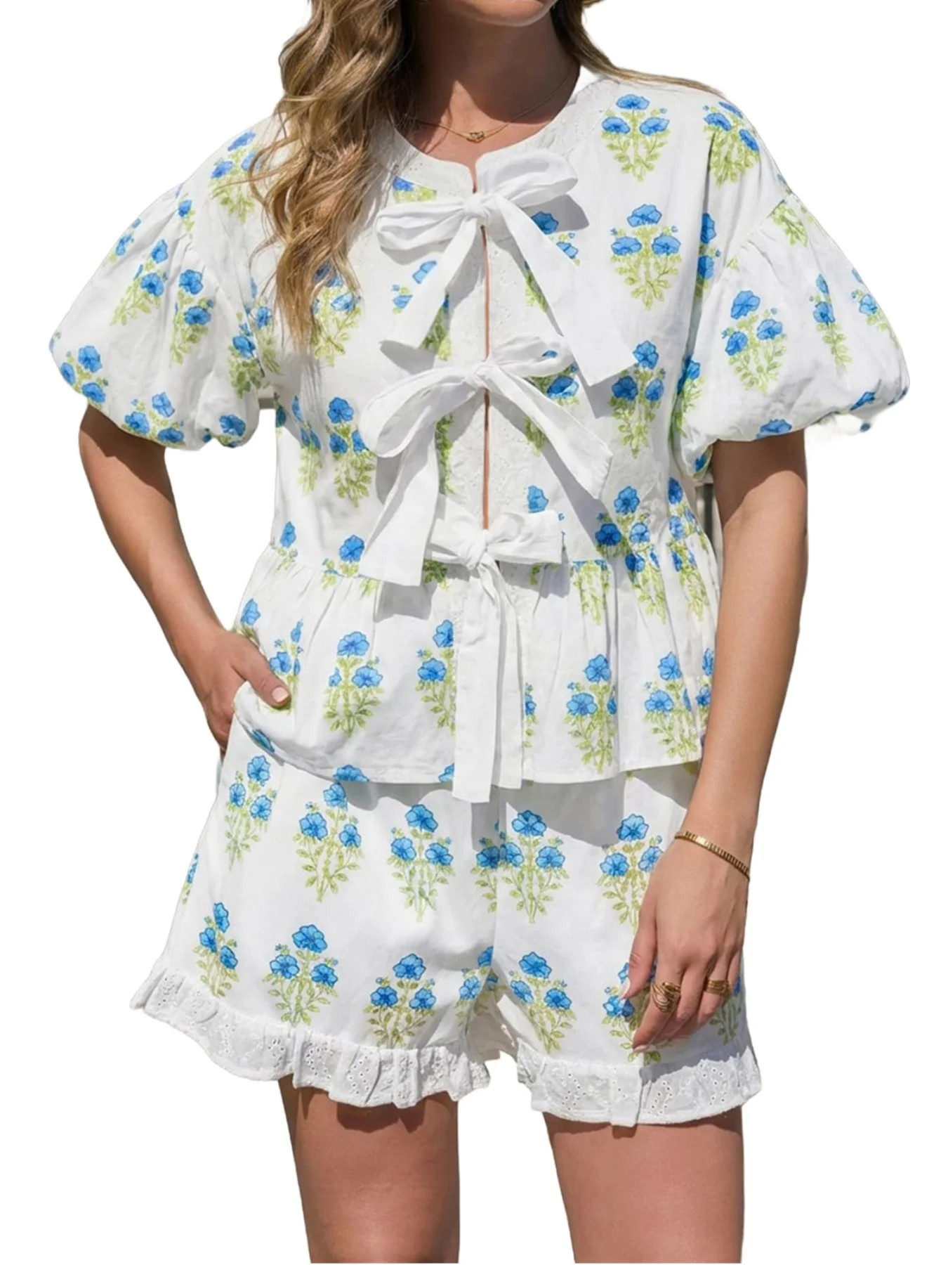 Floral Printing Women Puff Sleeve 2 Pieces Sets Tie Front Babydoll Blouse and Ruffle Shorts | Walmart (US)