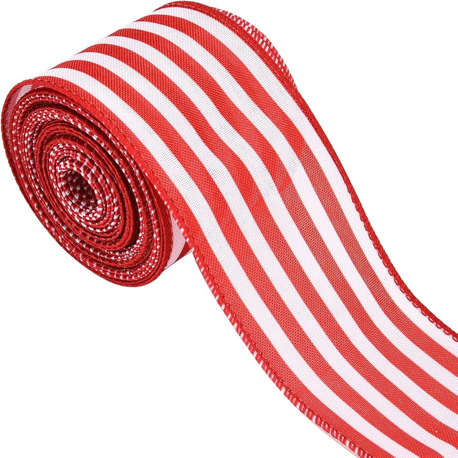 Christmas Ribbon for Tree, Red and White Striped Ribbon Wired Vertical Strip Fabric Ribbon Gift W... | Amazon (US)