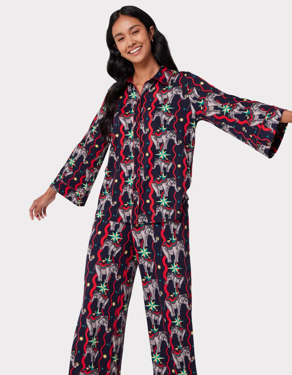 Navy & Red Elephant Print Long Pyjama Set | Chelsea Peers NYC