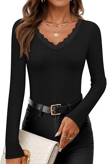 ZESICA Women's Long Sleeve Lace V Neck Fall Shirts Slim Fit Going Out Tops Ribbed Knit Dressy Bus... | Amazon (US)