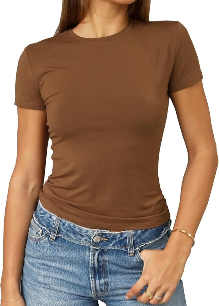 Abardsion Women's Casual Basic Going Out Crop Tops Slim Fit Short Sleeve Crew Neck Tight T Shirts... | Amazon (US)