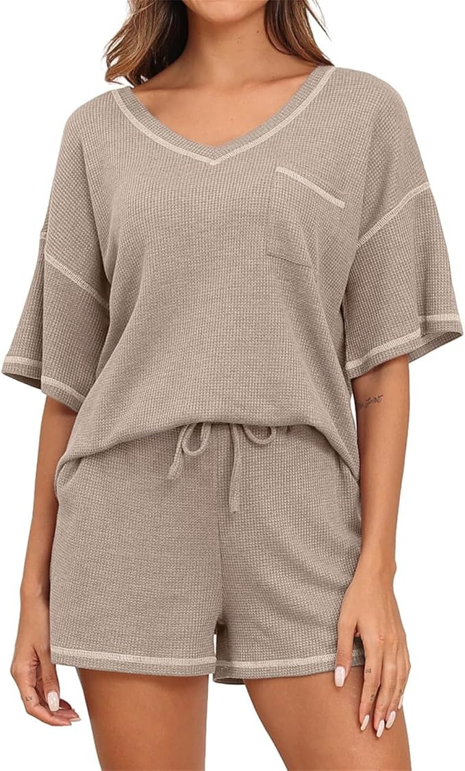 Womens Summer Pajamas Sets Half Sleeve V Neck T Shirts Casual Shorts Matching Sets Travel Outfits... | Amazon (US)