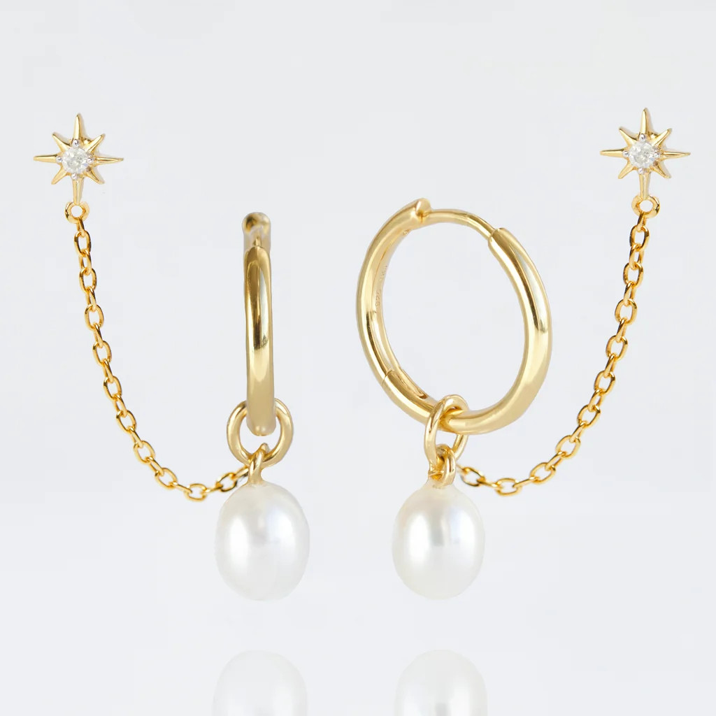 Pearl Hoop & Chain Star Stud Earring | Carrie Elizabeth