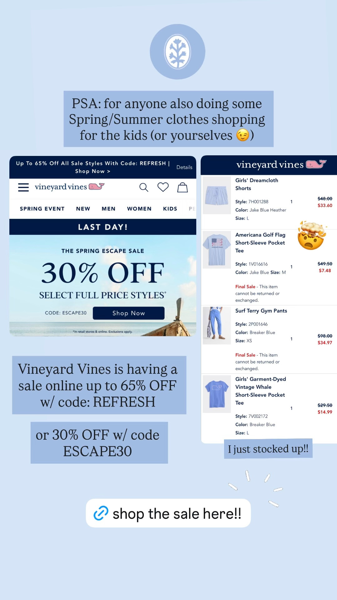 Just found up to 65% OFF Vineyard Vines when you use code: REFRESH on sale items, and code: ESCAPE30 on select full price items!! 🙌🏻 just stoked up for the Spring & Summer! 🌊⚓️🇺🇸🙏🏻

#LTKKids #LTKSaleAlert
