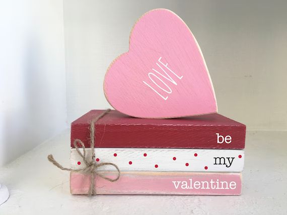 Valentines books, tiered tray decor, wooden heart, mini book bundle, book stack, be my valentine,... | Etsy (US)