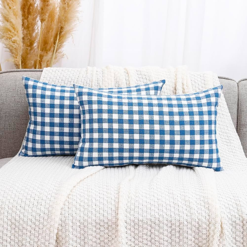 CARRIE HOME Light Blue Farmhouse Plaid Lumbar Pillow Covers 12x20 Set of 2, Blue and White Buffal... | Amazon (US)