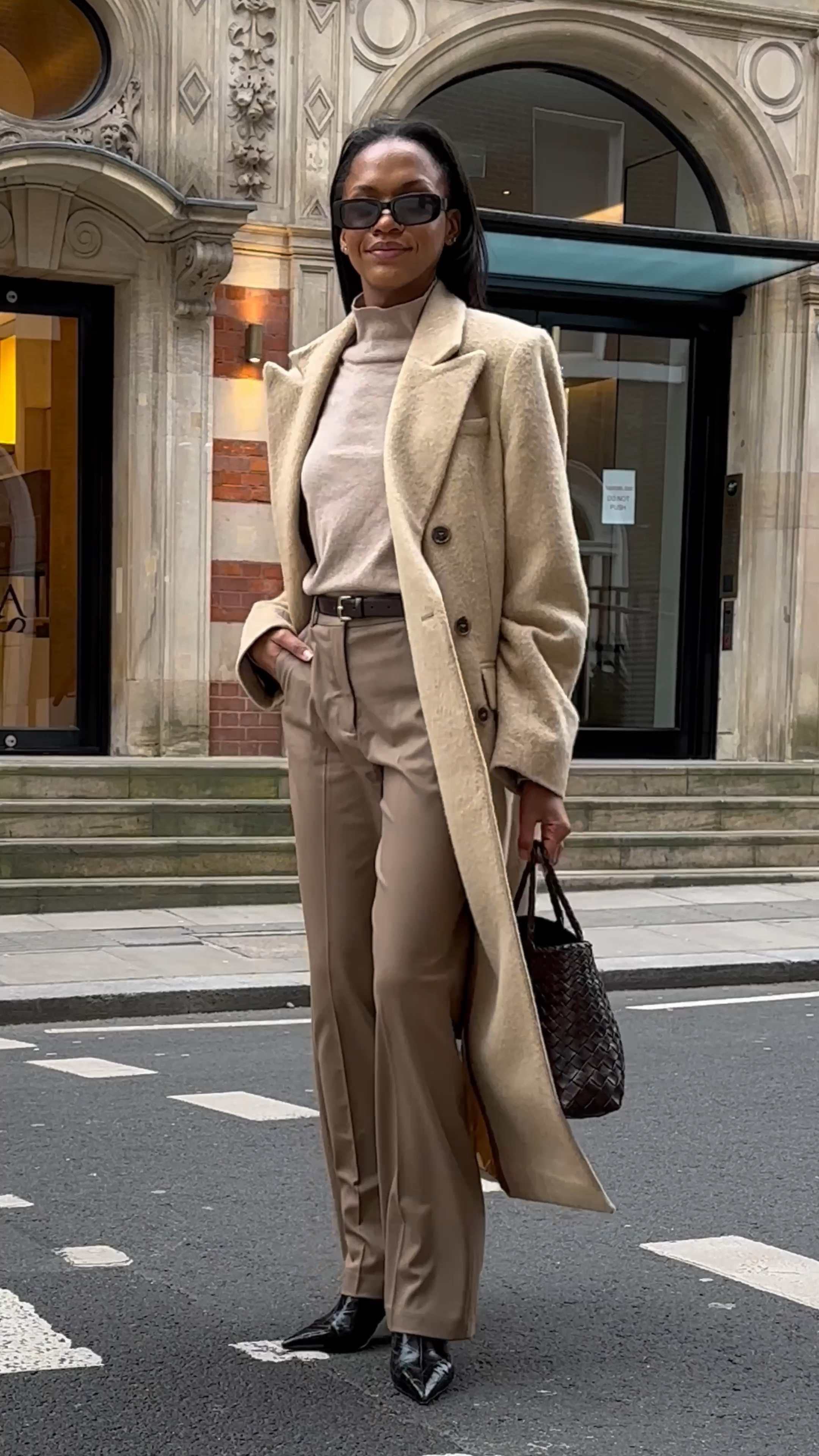 Long wool beige coat, turtleneck knit jumper, pleated straight trousers, leather tote bag, croc ankle boots 

#LTKSeasonal #LTKstyletip #LTKeurope