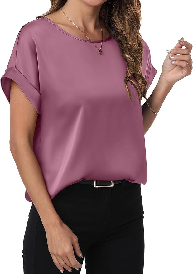 ANRABESS Women's Summer Dressy Casual Short Sleeve Shirts Crewneck Silk Satin Business Office Wor... | Amazon (US)