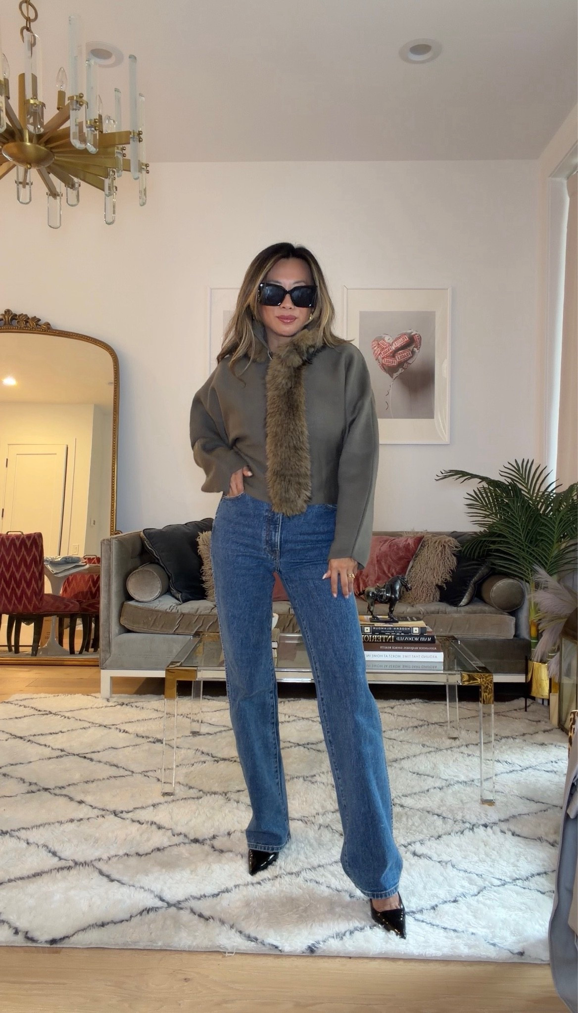 Zara faux fur effect cardigan in khaki, fashionable date night fall coat. Coat in size small, Khaite Danielle straight leg jeans size 27