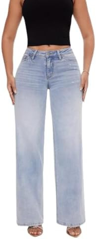 ONESO Mid-Low Rise Baggy Jeans Wide Leg for Women Distressed Pants Stretchy Bottom Lady Basic Com... | Amazon (US)