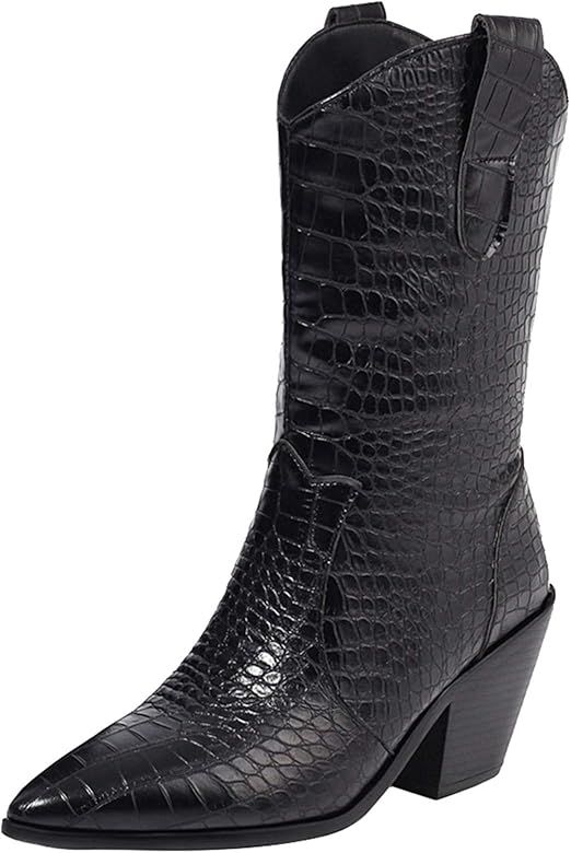 ZeniRuecWomen's Fashion Mid Calf Boot Block Heel Cowboy Half Boots Cowgirl Bootie Pull On | Amazon (US)