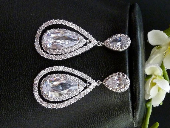Original Design - Wedding Bridal Earrings BIG Quality Halo White Clear Pear Shaped Hoop Cubic Zir... | Etsy (US)