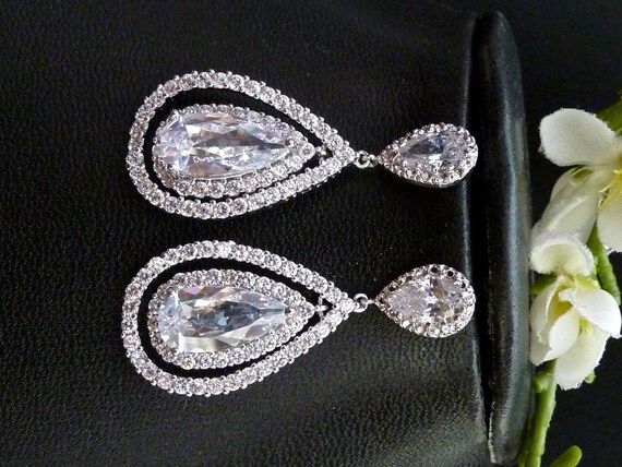 Original Design - Wedding Bridal Earrings BIG Quality Halo White Clear Pear Shaped Hoop Cubic Zir... | Etsy (US)