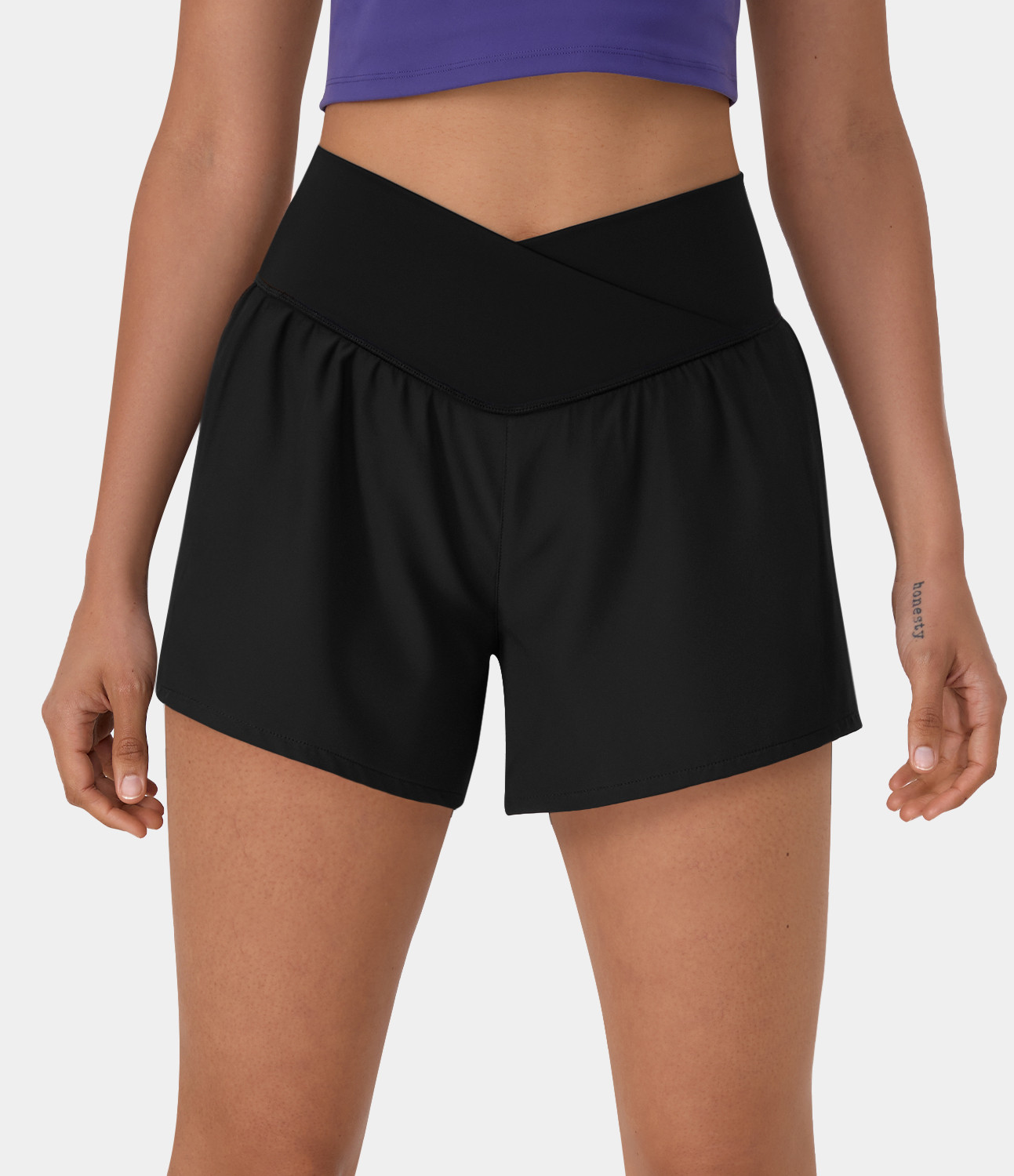 Women's Breezeful™ High Waisted Crossover Side Pocket 2-in-1 Quick Dry Yoga Shorts 4" - HALARA ... | HALARA