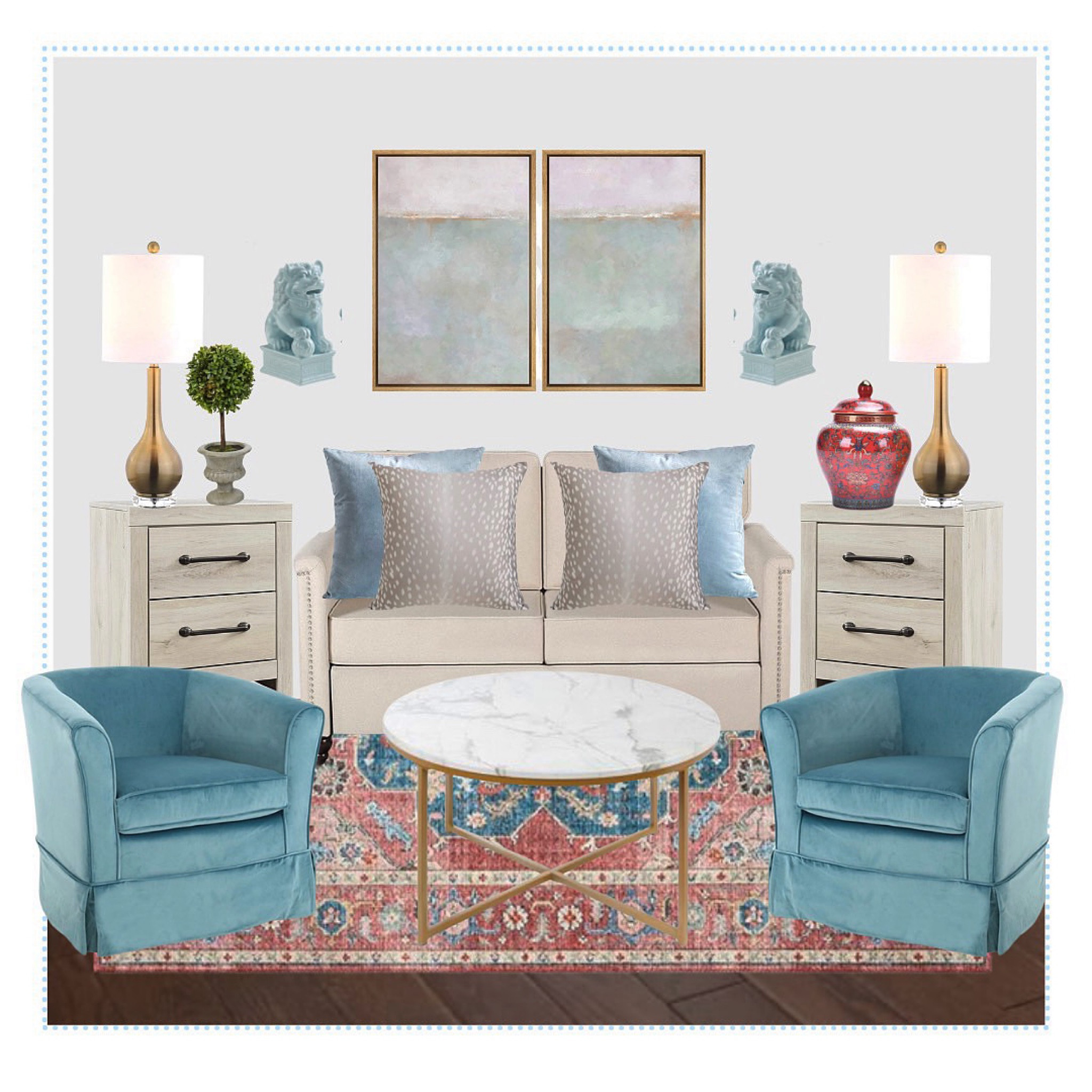 Another living room scheme for under $2,000 with so many great Amazon home, target, and Ballard Designs finds. Love these blue swivel chairs paired with this rug for an elegant pop of color for family and guests to enjoy  

#LTKhome #LTKunder100 #LTKFind