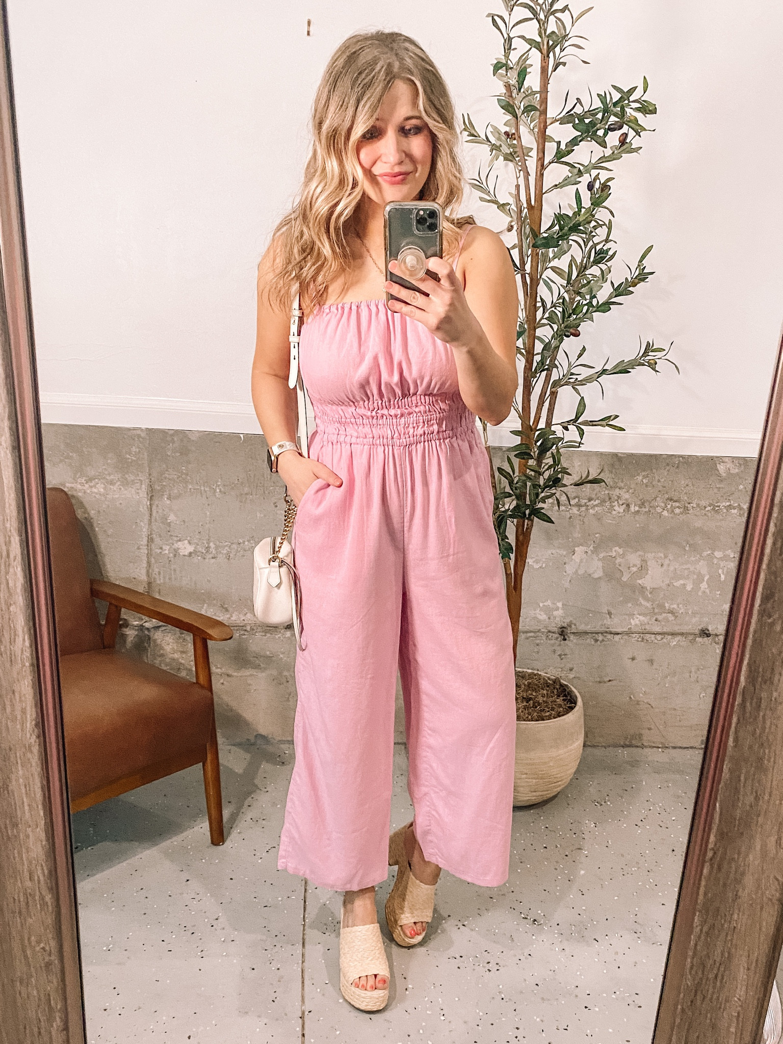 Waist-Defined Linen-Blend Cropped Smocked Cami Jumpsuit