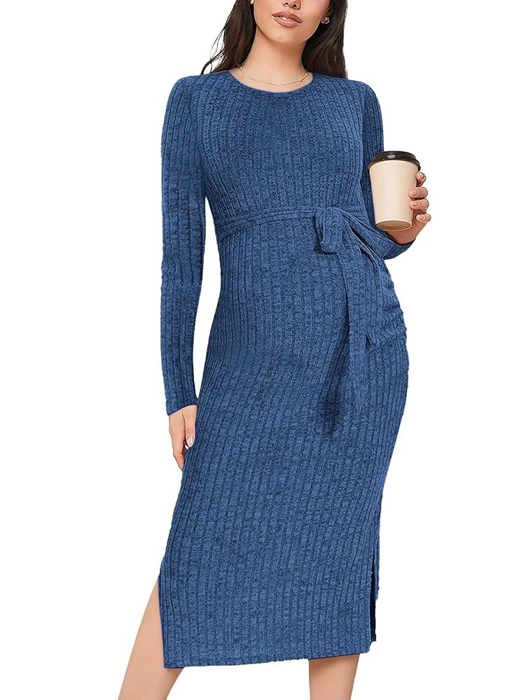 Crewneck Maternity Sweater Dress Rib Knit Long Sleeve Dresses Slit Pregnancy Sweater Clothes with... | Amazon (US)