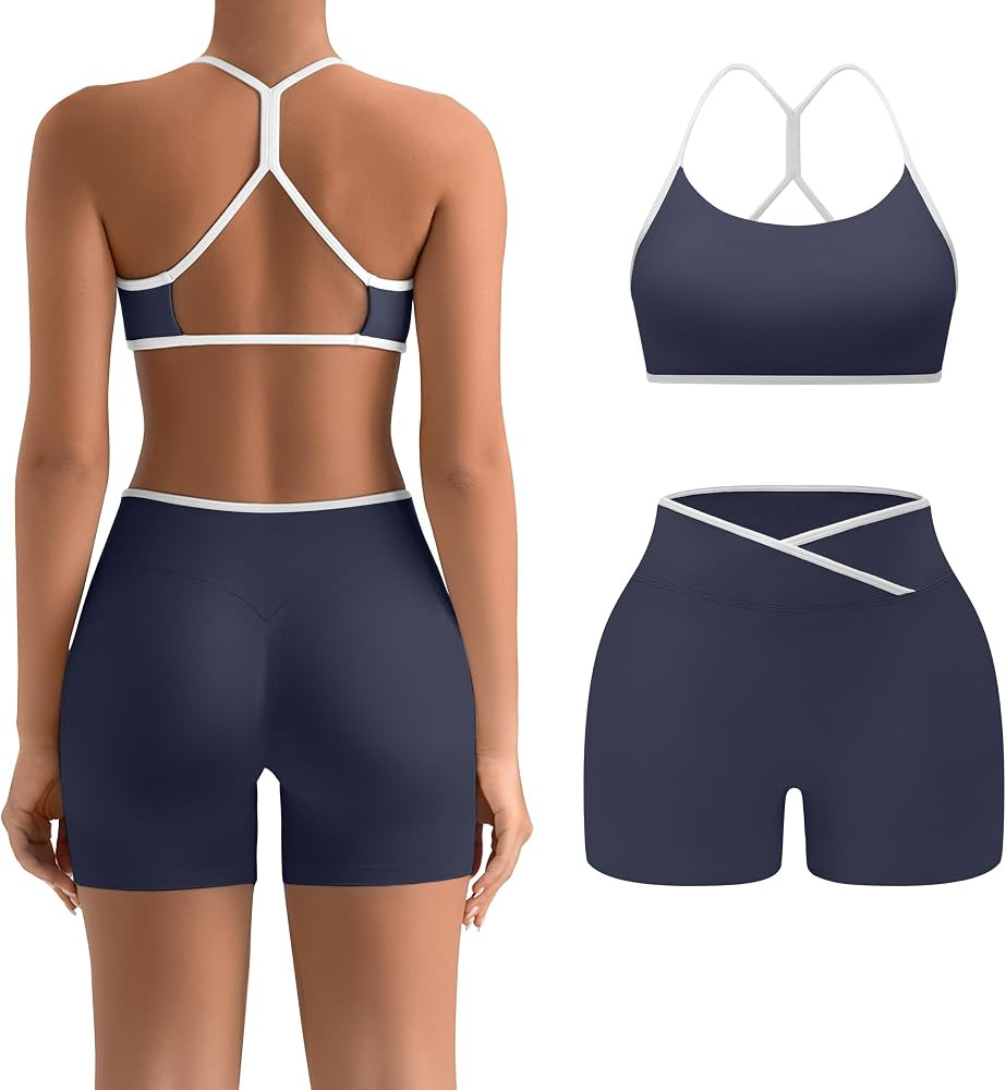 Women Workout Sets 2 Piece Seamless Halter Racerback Bra Crossover Scrunch Butt Shorts Yoga Outfi... | Amazon (US)