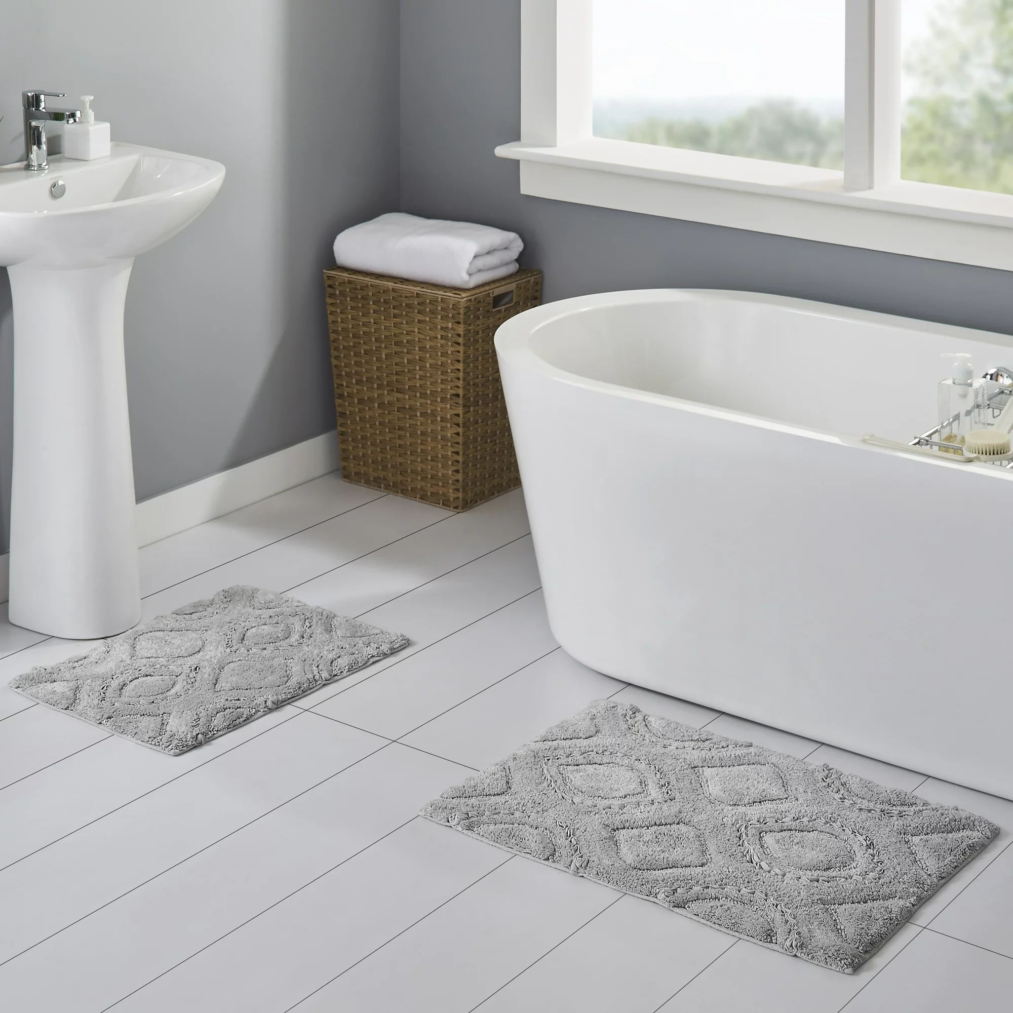 Better Homes & Gardens Ruffle Ogee Cotton Bath Rug Set, Grey, 2 Pieces | Walmart (US)