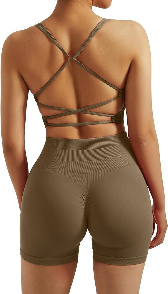 RXRXCOCO Seamless Workout Sets for Women 2 Piece Strappy Sports Bras Scrunch Butt Booty Shorts Ma... | Amazon (US)
