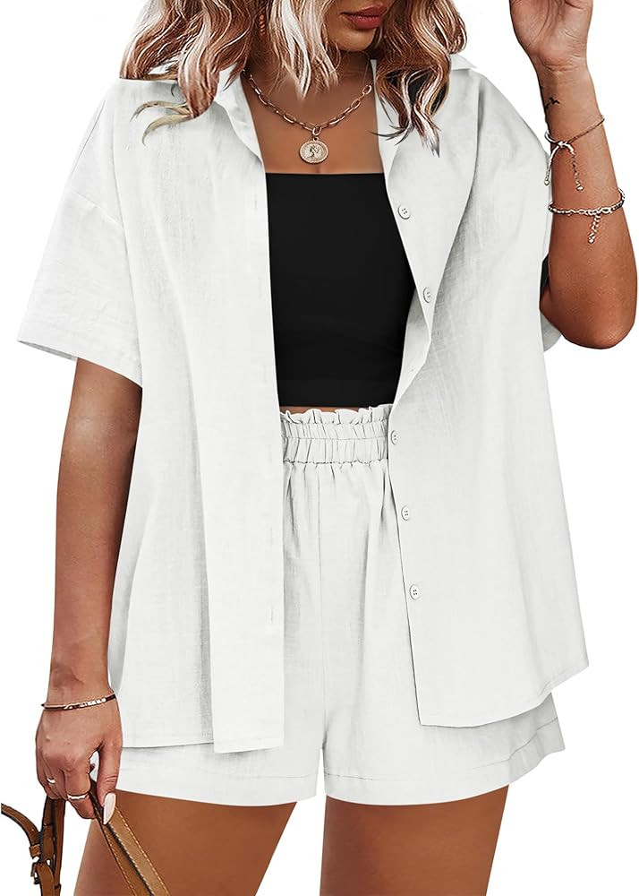 IN'VOLAND Women's Plus Size 2 Piece Tracksuit Outfits Sets Cotton Linen Sets Short Sleeve Shirt S... | Amazon (US)