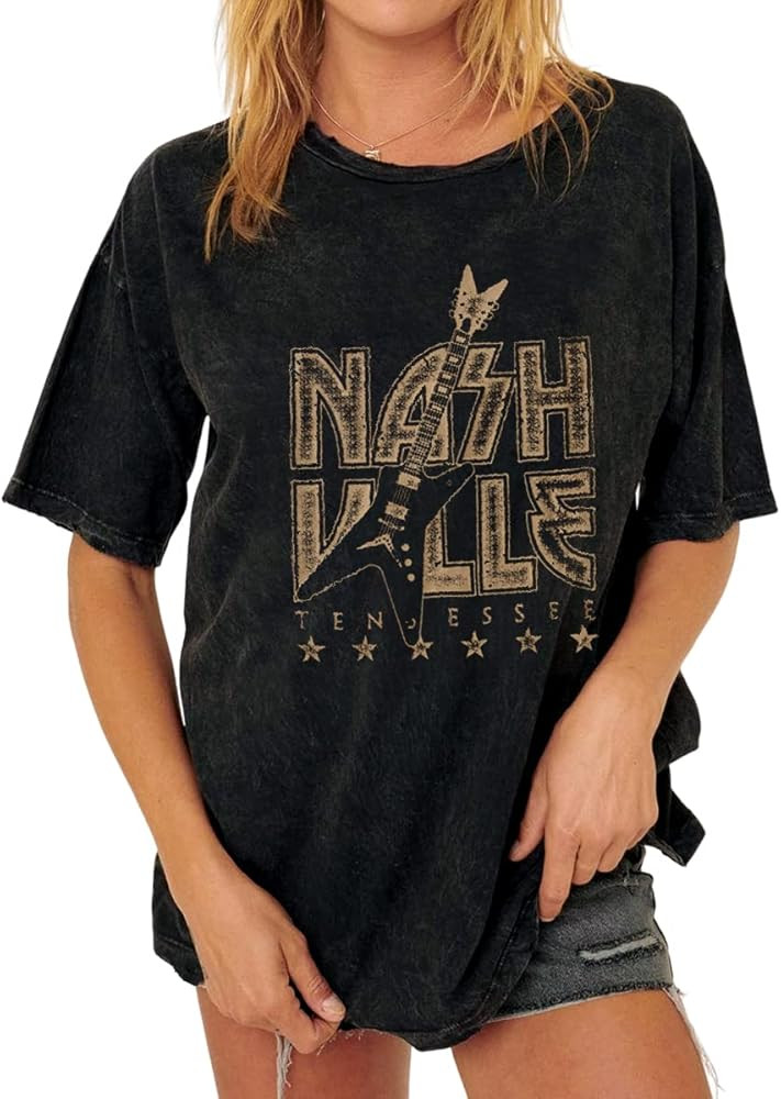 Women Country Music Oversized Shirts Nashville Concert Outfit Bass Graphic Tees Rocker Tops Short... | Amazon (US)