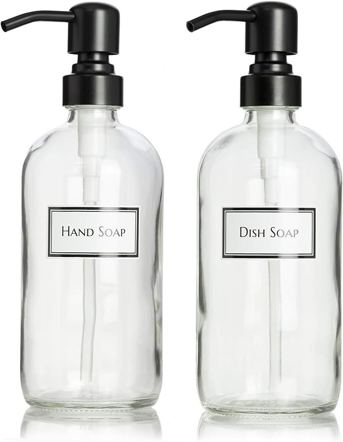 Ceramic Printed Glass Dish Soap and Hand Soap Dispenser Set with Black Metal Pump, 16 oz, Clear | Amazon (US)