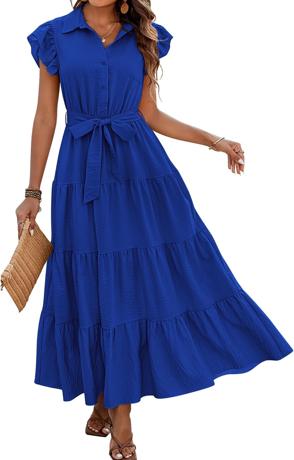 dowerme Women Ruffle Sleeve Button Belted Boho Maxi Dress | Amazon (US)
