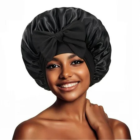 YYhl Satin Bonnet Silk Bonnet for Sleeping Women, Ajustable Hair Bonnet for Curly Hair With Tie Band 1Pack Black | Walmart (US)