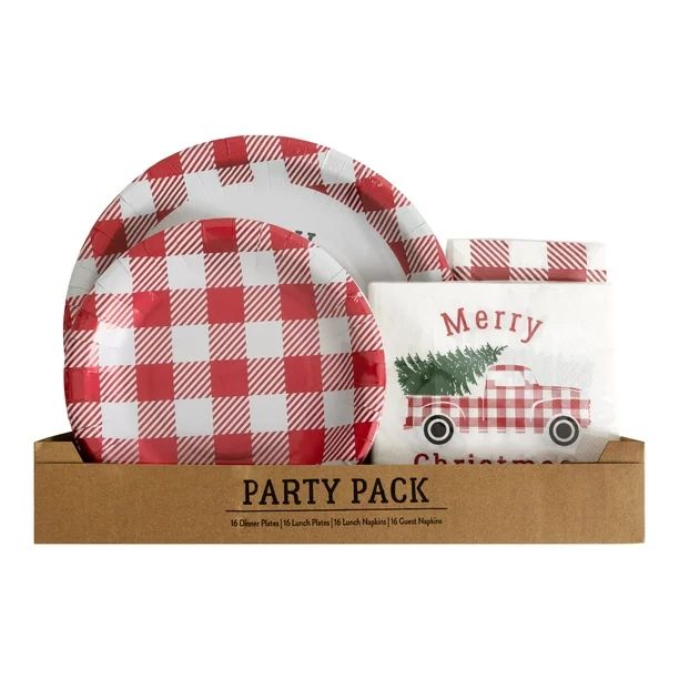 Holiday Time 64 Piece Red/White Plaid Foil Embellished Red Truck Holiday Tableware Party Pack | Walmart (US)