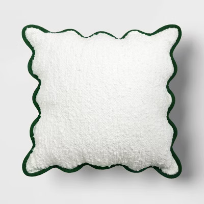 Oversize Faux Boucle with Scalloped Trim Square Throw Pillow Ivory/Green - Threshold™ | Target