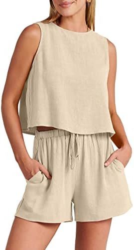 Caracilia Women's Summer 2 Piece Outfits Linen Shorts Sets Crew neck Sleeveless Crop Tank Top and... | Amazon (US)