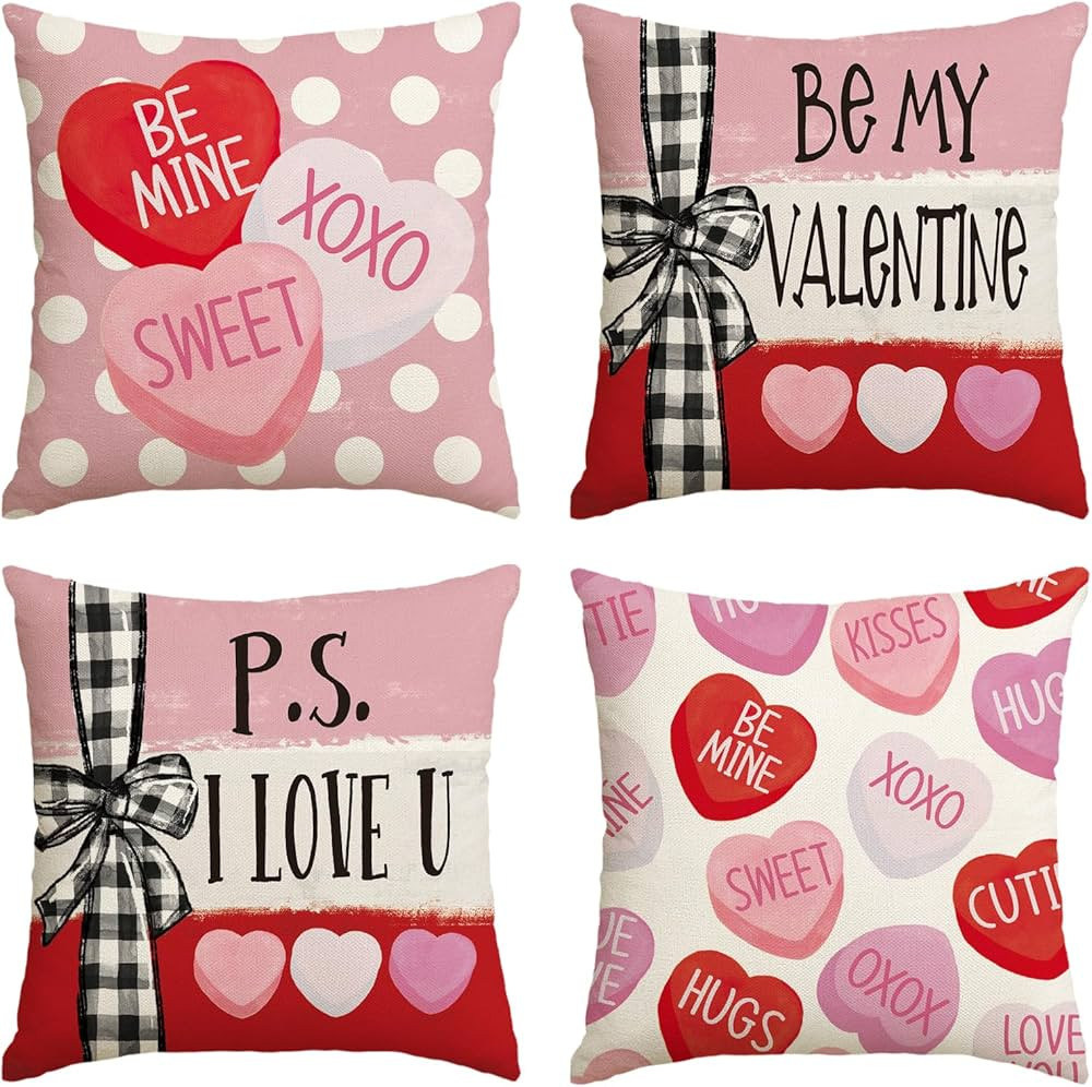 AVOIN colorlife Be My Valentine Red Candy Heart Throw Pillow Covers, 20 x 20 Inch Valentine Strip... | Amazon (US)