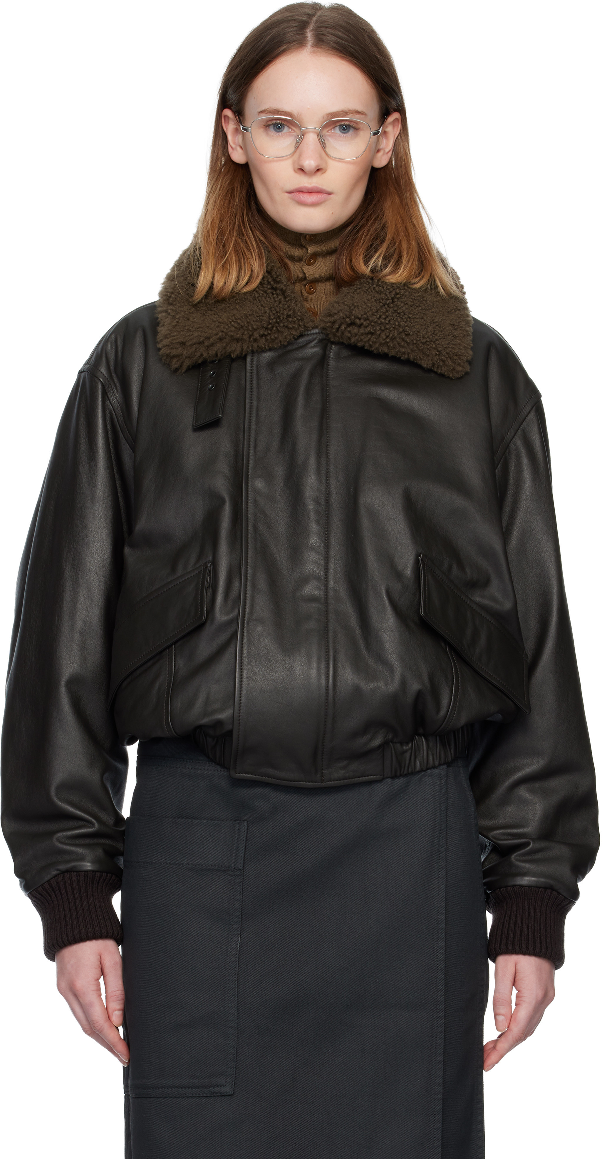 LEMAIRE Brown Shearling Collar Blouson Leather Jacket | SSENSE